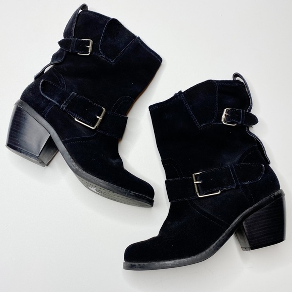 Dolce Vita Black Suede Leather Heeled Booties with Silver Buckle Details - Picture 1 of 8